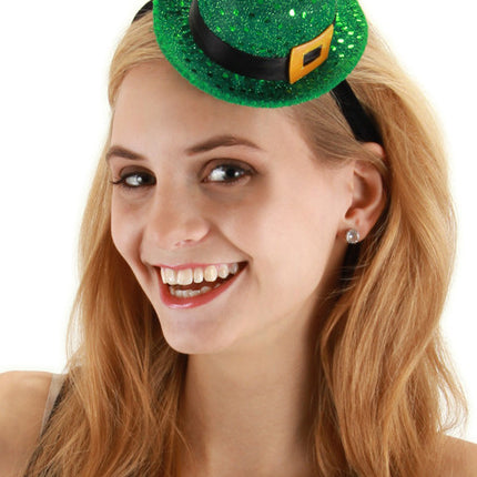 Sequin Mini Leprechaun Hat Headband- worn by model, angled view