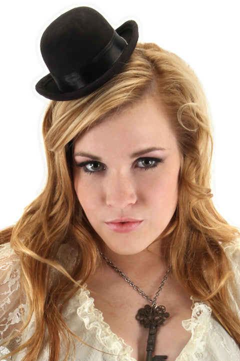 Mini Black Bowler Hat- worn by model