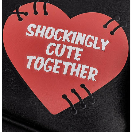 Universal Monsters Chibi Frankenstein And Bride Mini Backpack- "shockingly cute together" lettering on the back