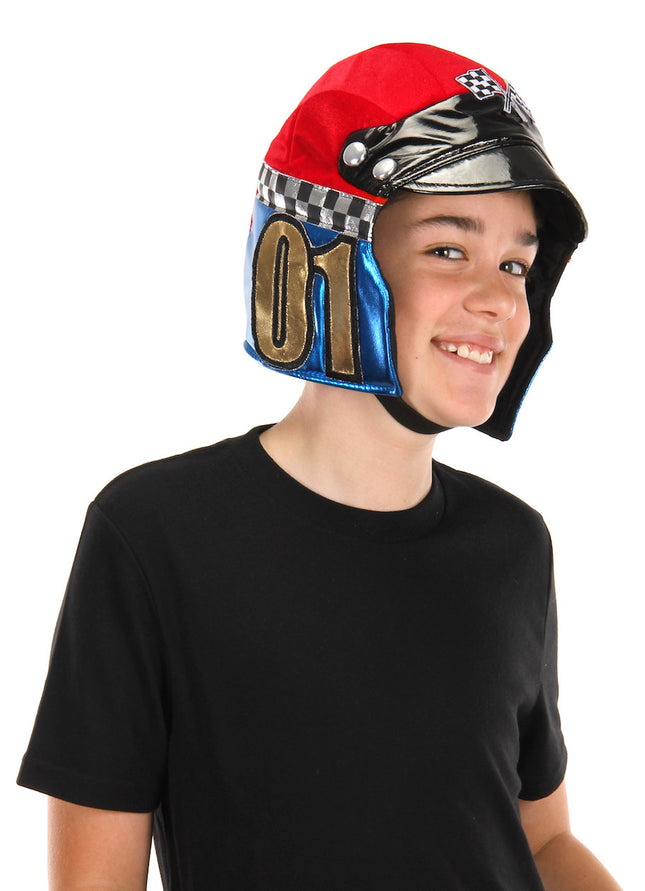 Kids Racer Plush Helmet- worn by child model 