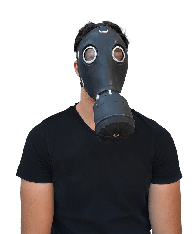 GP-5 Black Gas Mask- worn by model, front view