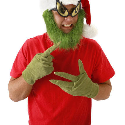 Dr. Seuss The Grinch Plush Hat with Beard- worn by model with other Grinch accessories