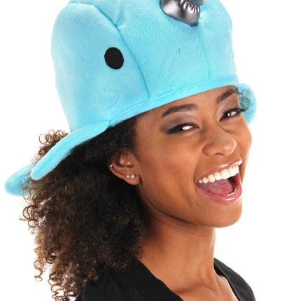 Narwhal Quirky Kawaii Hat- worn by adult model up close