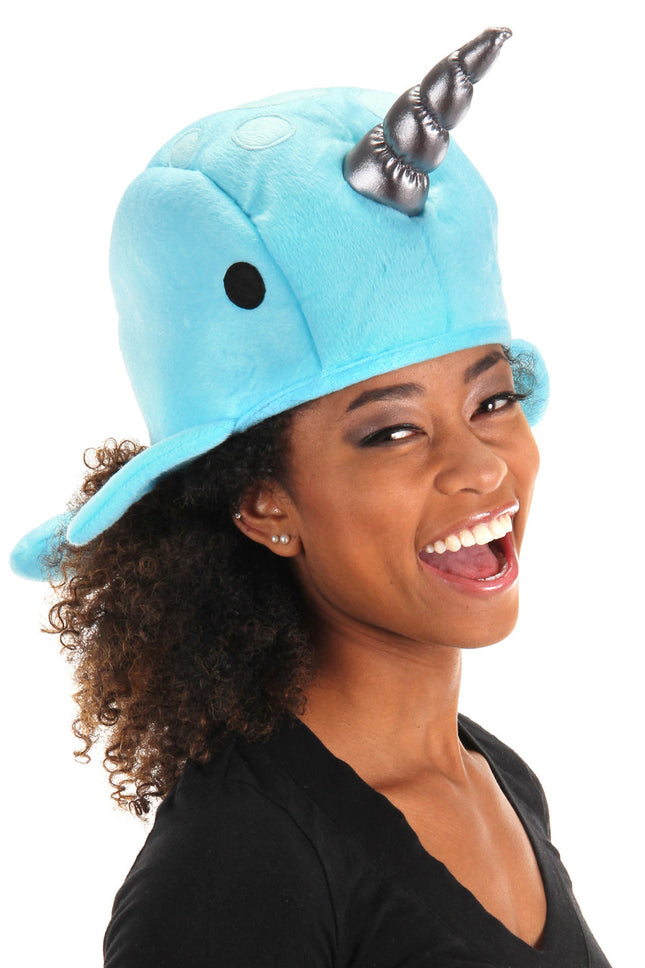Narwhal Quirky Kawaii Hat- worn by adult model up close