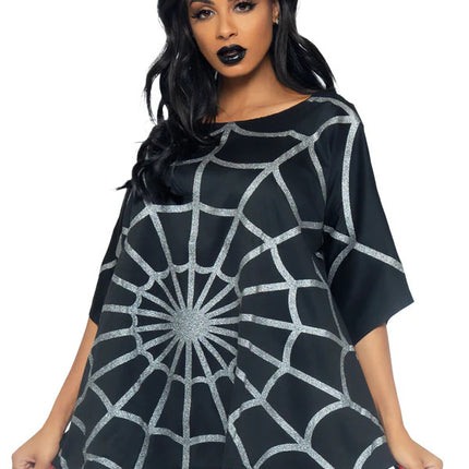 Gothic Glitter Spider Web Poncho- black, front view