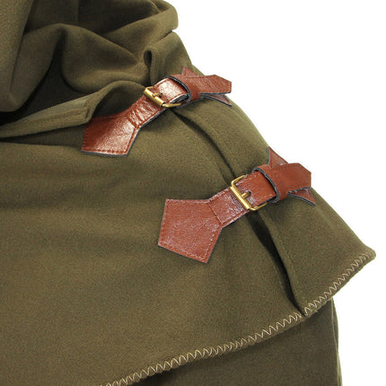 Green Elven Cloak- up close faux leather buckles