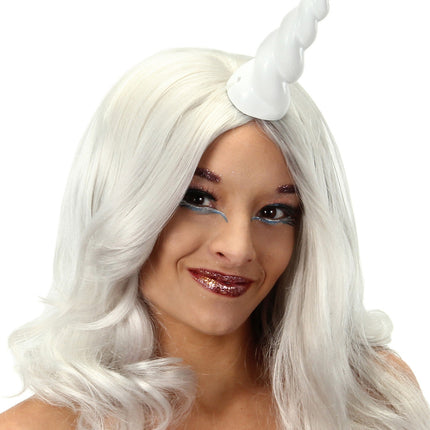 White Unicorn Horn- worn by model close up