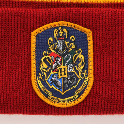 Harry Potter- Hogwarts Knit Hat & Scarf Set- up close crest on beanie
