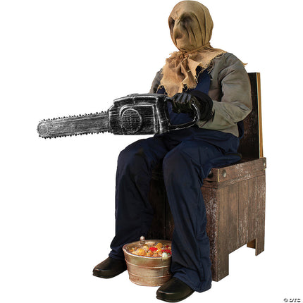Seated Animated Chainsaw Greeter Prop- angled view
