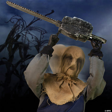 Seated Animated Chainsaw Greeter Prop- close up
