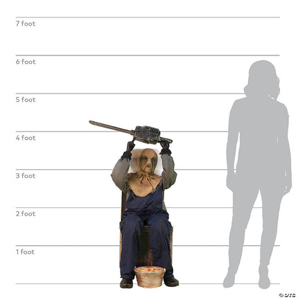Seated Animated Chainsaw Greeter Prop- size comparison