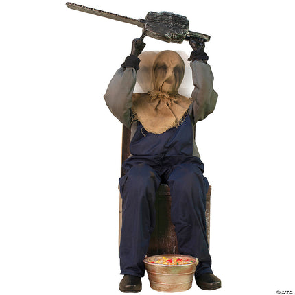 Seated Animated Chainsaw Greeter Prop- front view