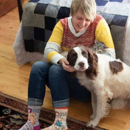 My Cat Is Cool as Fuck Crew Socks- worn by model with "my dog is cool as fuck" sock