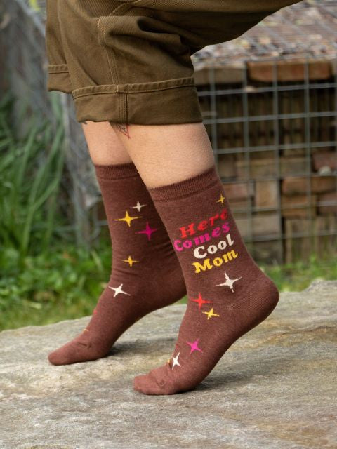 Here Comes Cool Mom Crew Socks- worn by model