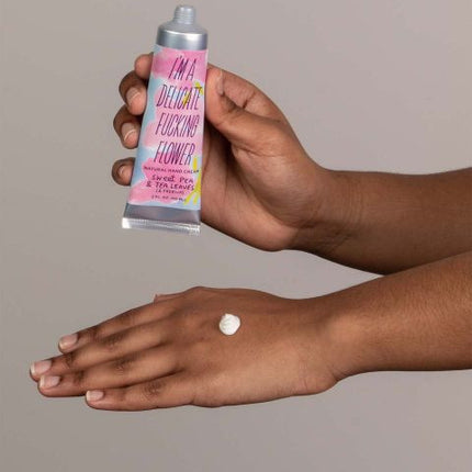 DFF Hand Cream- Sweet Pea with Tea Leaves & Freesia- being used
