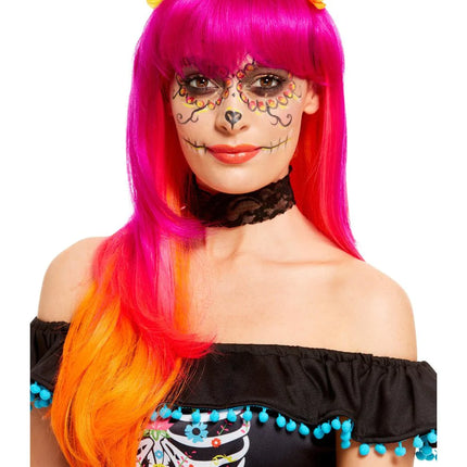 Pink & Orange Day of The Dead Wig
