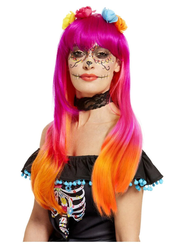 Pink & Orange Day of The Dead Wig