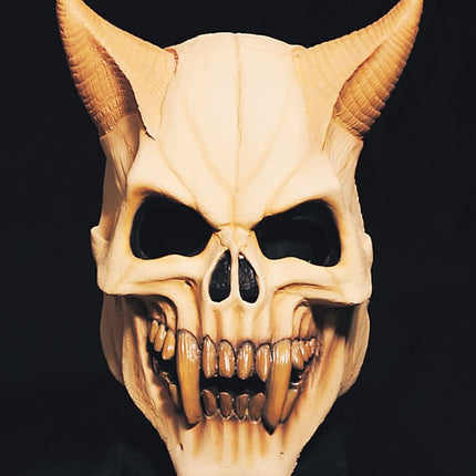 Bone white devil skull mask with fangs and horns