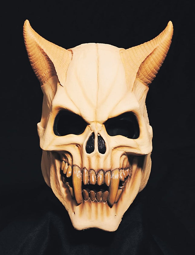 Bone white devil skull mask with fangs and horns
