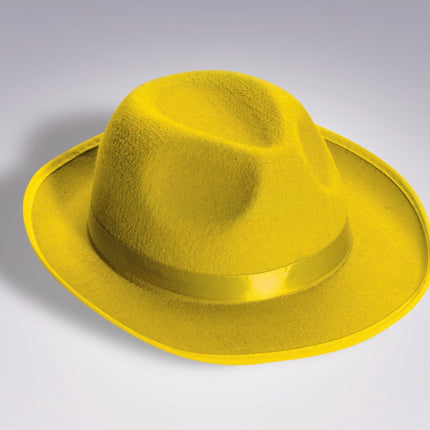 Deluxe yellow felt fedora hat with yellow satin band.