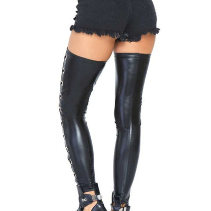 Wet Look Footless Lace Up Thigh Highs- back view