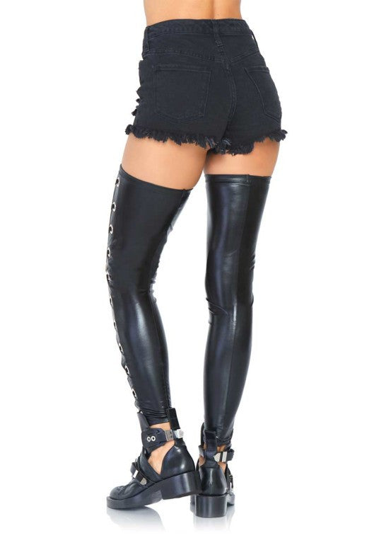 Wet Look Footless Lace Up Thigh Highs- back view