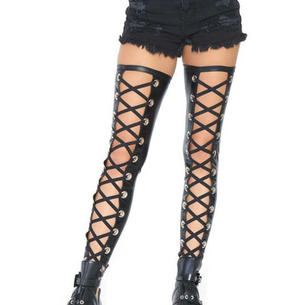 Wet Look Footless Lace Up Thigh Highs- front view