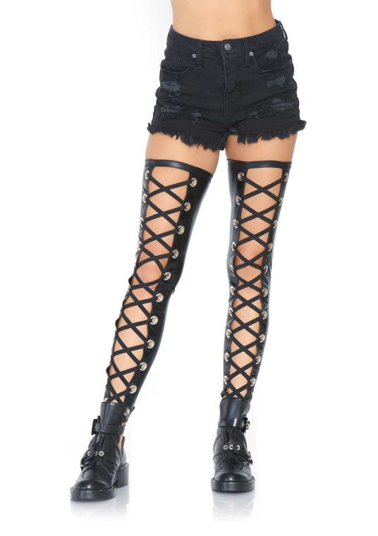 Wet Look Footless Lace Up Thigh Highs- front view