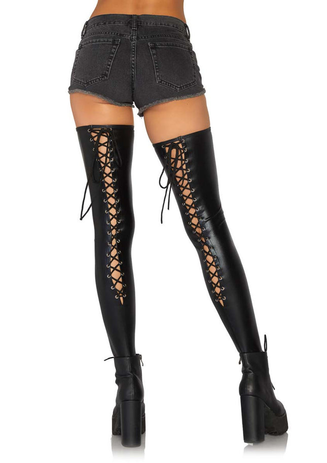 Wet Look Lace Up Thigh Highs- back view