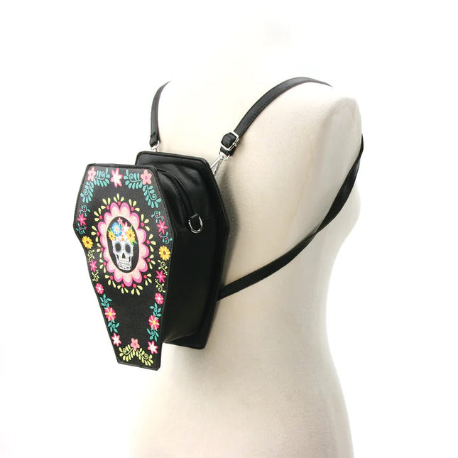 SUGAR SKULL COFFIN CONVERTIBLE CROSSBODY- Converted to Backpack View- Side