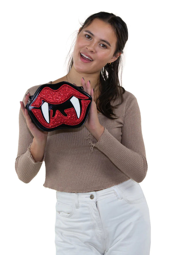 VAMPIRE MOUTH CROSSBODY BAG- Model Holding Bag for Size Reference