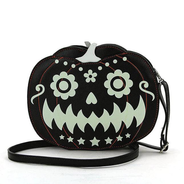 GLOW IN THE DARK JACK O LANTERN CROSSBODY BAG- Sugar Skull Front View