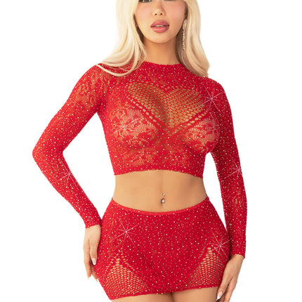 Red Rhinestone Lace Top/Skirt