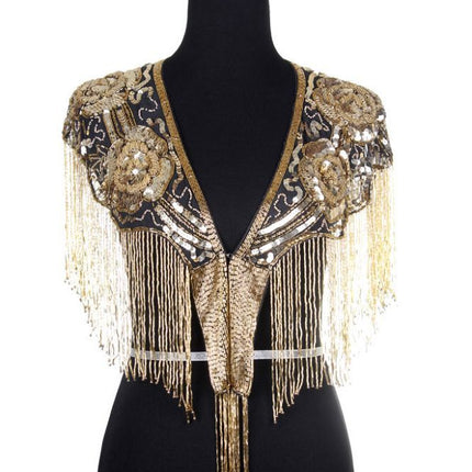 Beaded Shawl w Roses GOLD BLK