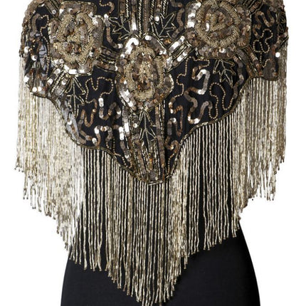 Beaded Shawl w Roses GOLD BLK