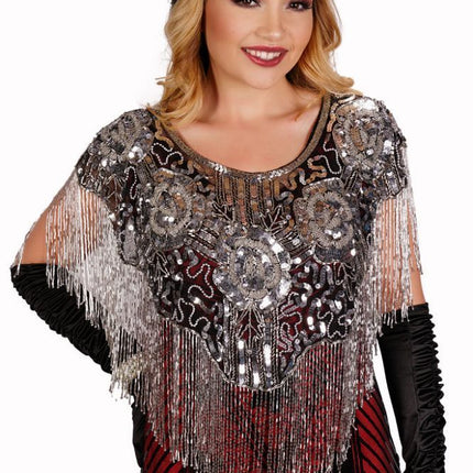 Beaded Shawl w Roses Silvr Silv