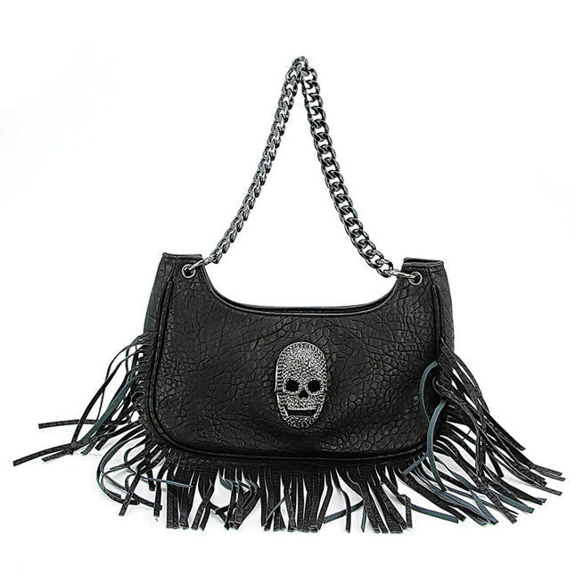 SKULL FACE FRINGED HOBO BAG- Front View