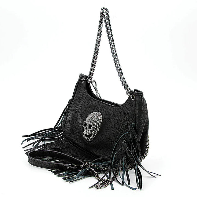 SKULL FACE FRINGED HOBO BAG- Side View