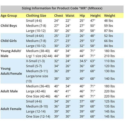 Costume Size Chart