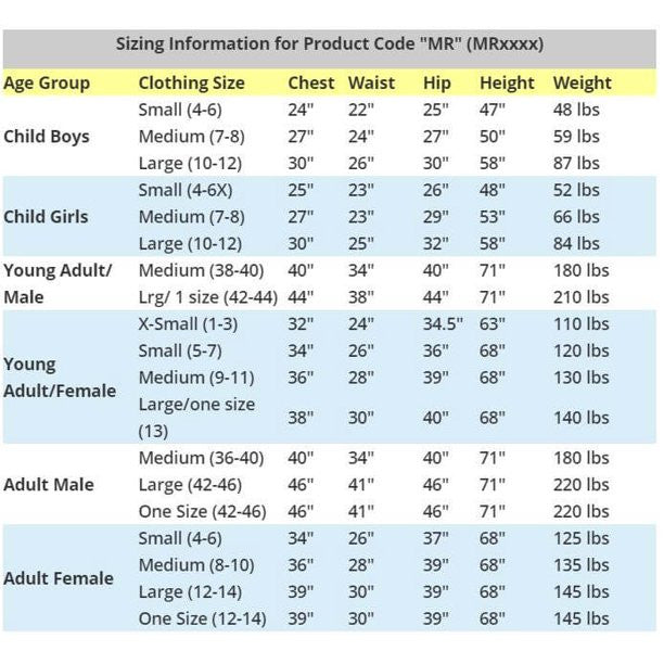 Costume Size Chart