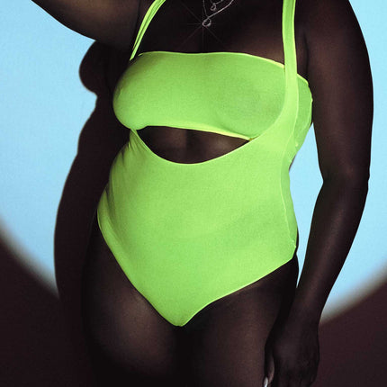 Tongue Tied Plus Bodysuit Set- yellow, front view, modeled