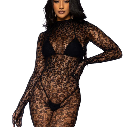 Leopard Net Gloved Bodysuit OS