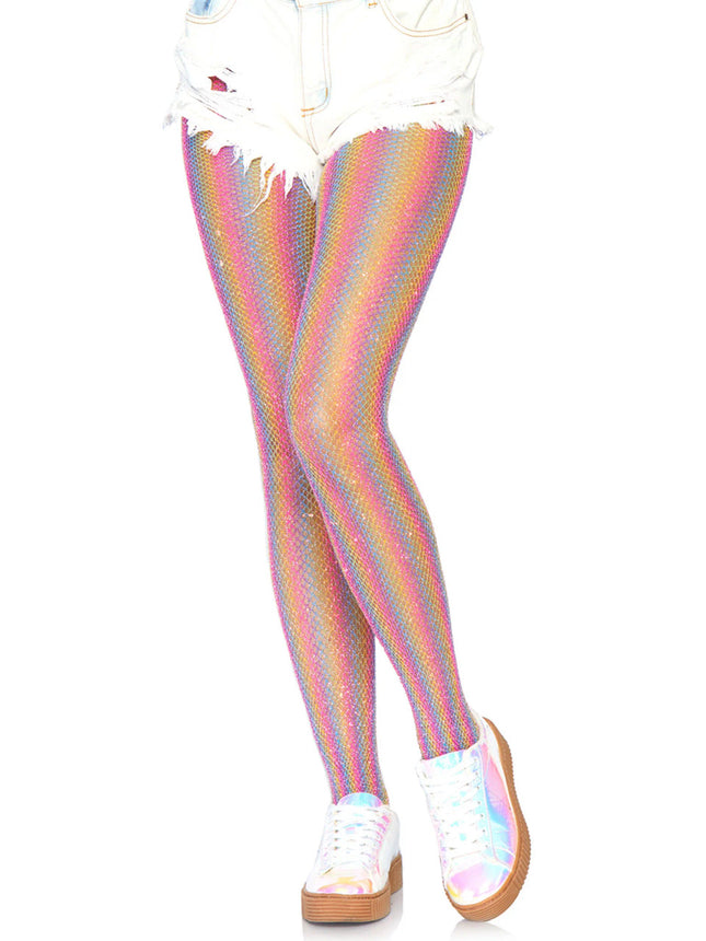 Nova Rainbow Striped Fishnet Tights- pink, front view