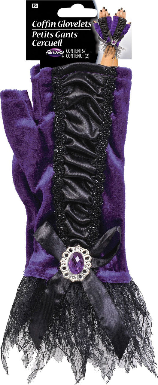 Velour Coffin Glovelets- purple, on packaging
