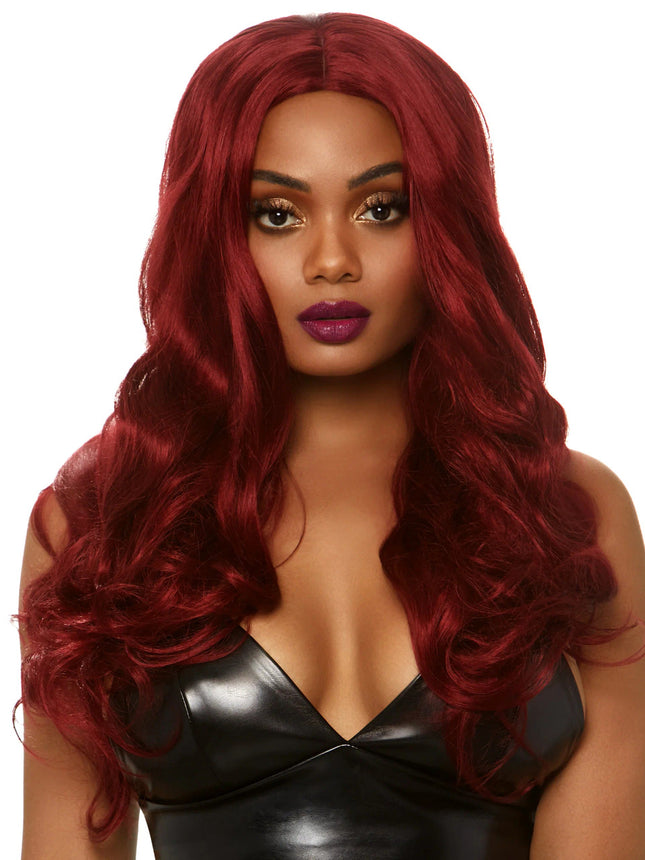 27" Long Wavy Center Part Wigs- burgundy, front view
