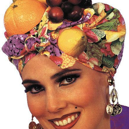 Colorful fabric turban with attached plastic fruit. Carmen Miranda headpiece.