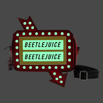 Beetlejuice Graveyard Sign Glow In The Dark Crossbody Bag- glowing front view