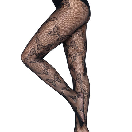 Butterfly Fishnet Tights- black, side view, no shoes