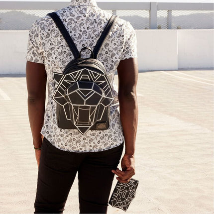 Marvel Black Panther Wakanda Forever Figural Mini Backpack- worn by model with matching wallet in hand