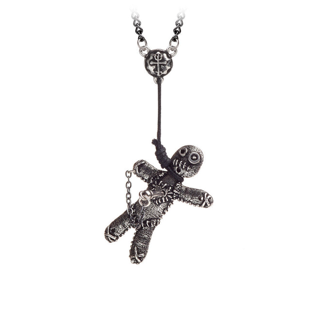 Voodoo Doll Pendant- close up, stuck with pin